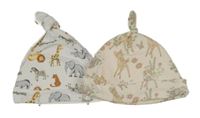 Nové - 2x - Čepice - Biela so zvířátky, světlepudrová žebrovaná s Bambim George