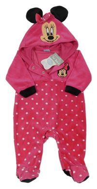 Nové - tmavorůžovo-čierna zamatová kombinéza s Minnie a bodkami a kapucňou Disney