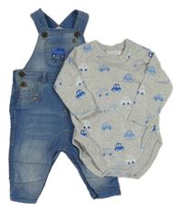 2Set - Modré teplákové riflové laclové podšité kalhoty s autem + šedé melírované body s auty Next