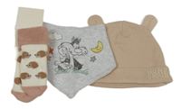 3set - Světlehnědá žebrovaná čepice s oušky + světlešedý melírovaný slinták s Tweetym a Sylvesterem + bílo-starorůžové ponožky s ježky