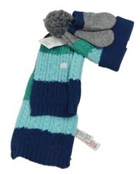 Nové - 3set - Tmavomodro-zeleno-šedá pruhovaná pletená šála + čepice + rukavce M&S