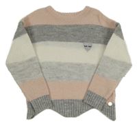 Ružovo-sivo-biely pruhovaný sveter s výšivkou Angel&Rocket