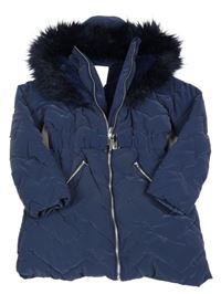 Tmavomodrá prošívaná šusťáková zimní parka s kapucí s kožešinou a páskem Matalan