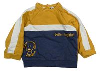 Okrovo-tmavomodro-biela mikina so psem