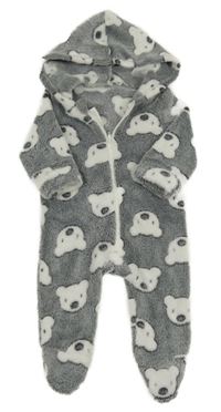 Tmavosivá chlpatá kombinéza s medveďmi a kapucňou