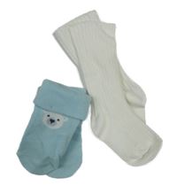 2x ponožky - smetanové žebrované + světlemodré s medvěďom