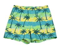 Tyrkysovo-zeleno-žluté pruhované nohavičkové plavky s palmami Shein