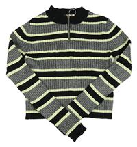 Tmavošedo-čierno-zelenkavý pruhovaný rebrovaný ľahký crop sveter H&M
