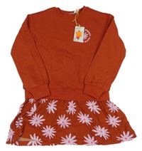 Nové - Hnědé teplákovo/lehké šaty s květinami a nápisem L&D