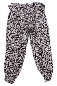 Svetloružová -čierno-ružové ľahké voľné é nohavice s leopardím vzorom a opaskom Primark
