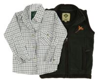 2 set - khaki fleecová propínací vesta + bílo-modro-černá kostkovaná košile 