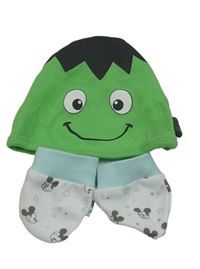 2 set - zelená čepice s obličejem + bílé rukavice s Mickeym 