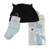 Nové - 3 set - modré ponožky + rukavice + černá čepice 