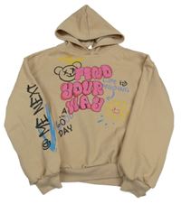 Béžová mikina s nápismi a kapucňou shein