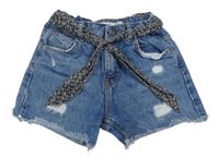 Modré riflové kraťasy s dírami a páskem Denim Co.