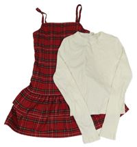 2 set - smotanové rebrované crop triko + červeno-čierne kockované šaty H&M