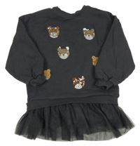 Tmavosivé teplákové šaty s medvědy z flitrů a tylem Next