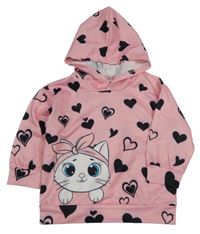 Ružová ľahká mikina s čiernými srdiečkami a mačkou a kapucňou