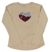 Béžové tričko so srdcem z překlápěcích flitrů Pocopiano