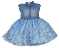 Modré plátěno/tylové košeľové šaty s motýly Topolino