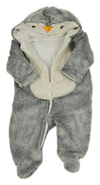 Sivo-smotanová plyšová podšitá kombinéza s kapucí - tučňák Nutmeg