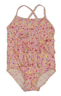 Růžovo-žluto-modré jednodílné plavky s motýlky a volánky Topomini