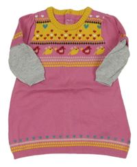 Ružovo-žlto-sivé pletené šaty s vtáčky M&S