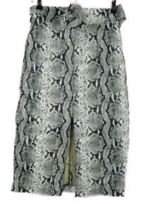 Dámska čierno-sivá vzorovaná koženková midi sukňa s opaskom Topshop