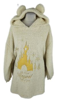Dámska smotanová trblietavá huňatá oversized tunika so zámkem a kapucňou Disney