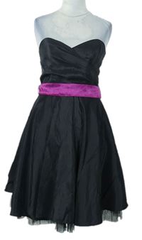 Dámske čierne korzetové spoločenské šaty s ružovým opaskom Be Beau