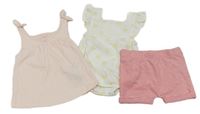 3set- světlerůžový top+ bílé body se sluníčky+ růžovo-bílé pruhované kraťasy