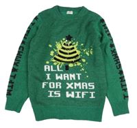 Zelený melírovaný sveter so stromkem a nápisom F&F