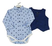 2set- tmavomodrá slavnostní vesta+ modré vzorované košilové body 