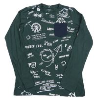 Tmavozelené triko s nápisy a kapsou Name it