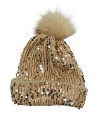 Dámska broskvová žinylková rebrovaná flitrová čapica s brmbolcom Next