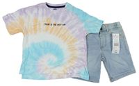 2set - Farebné batikované tričko s nápisem + rifľové kraťasy F&F