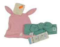 Nové - 2set - Svetloružová čapica s ušima + zelená čelenka s mašlou