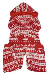 Červeno-biela vzorovaná plyšová kombinéza so sobmi a kapucňou