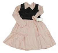 Nové - Růžovo-černé plátěno/koženkové košilové šaty