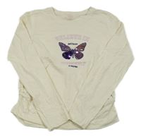 Smotanové melírované tričko s motýlkom s flitrami a nápismi a nařasením YIGGA