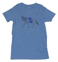 Modré melírované tričko s vlkem