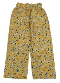 Horčicové voľné é nohavice s kvietkami