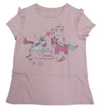 Svetloružové tričko s jednorožcami a volánikmi
