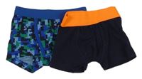2x - Modro-zelené vzorované + tmavomodro-oranžové boxerky C&A