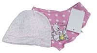 2Set - Biela čapica s ružovými kvietkami a lístečky + růžový puntíkatý šátek/slinták s Pú Disney