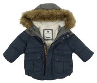 Nové - tmavomodro-sivá melírovaná prešívaná šušťáková zimná bunda s nášivkou a kapucňou s kožešinou zn. C&A