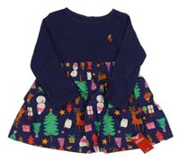 Nové - tmavomodré žebrovano/bavlněné vánoční šaty s obrázky St. Bernard