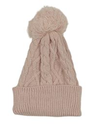 Světlerůžová vzorovaná třpytivá pletená čepice s bambulí