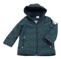 Tmavomodro-zeleno-limetkovo-modrá vzorovaná šušťáková zimná bunda s kapucňou Topolino