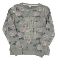 Šedá melírovaná mikina s růžemi a nápisy POCOPIANO